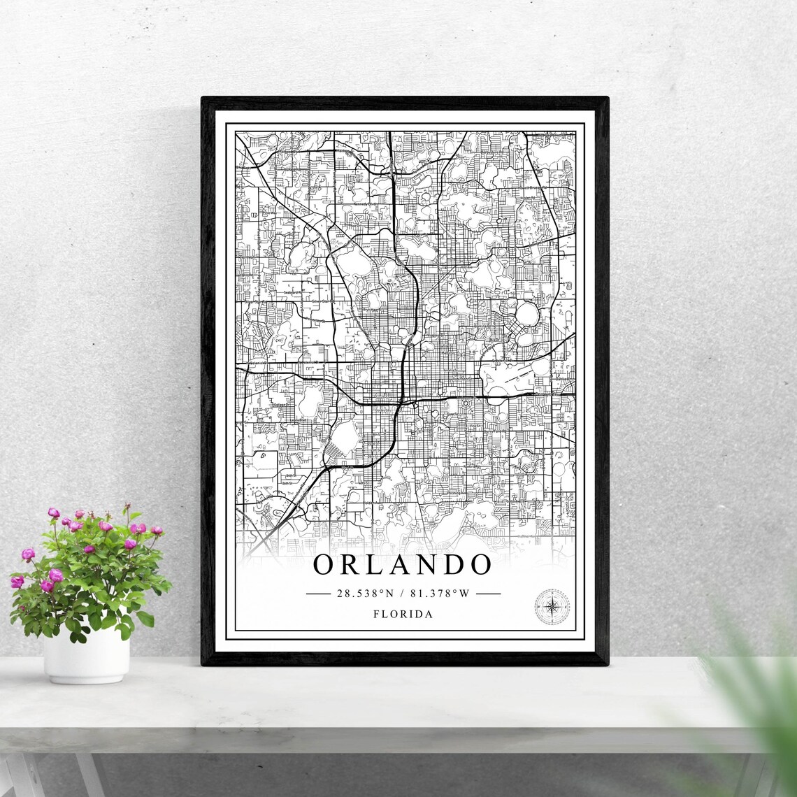 Orlando Florida City Map Poster, Black and White Minimalist Travel Gift