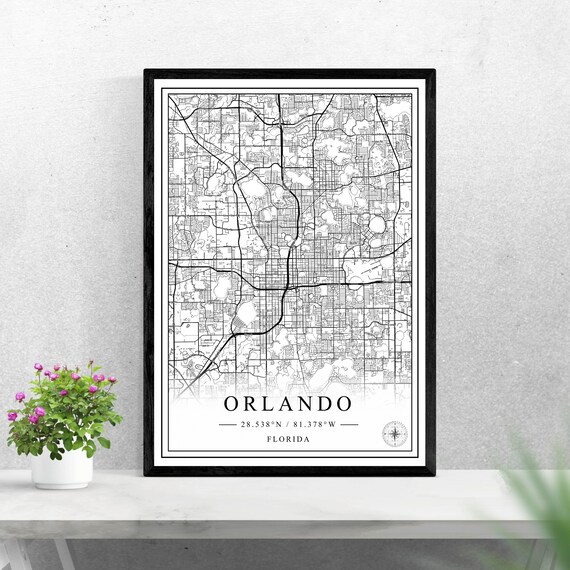 Orlando Florida City Map Poster, Black and White Minimalist Travel Gift