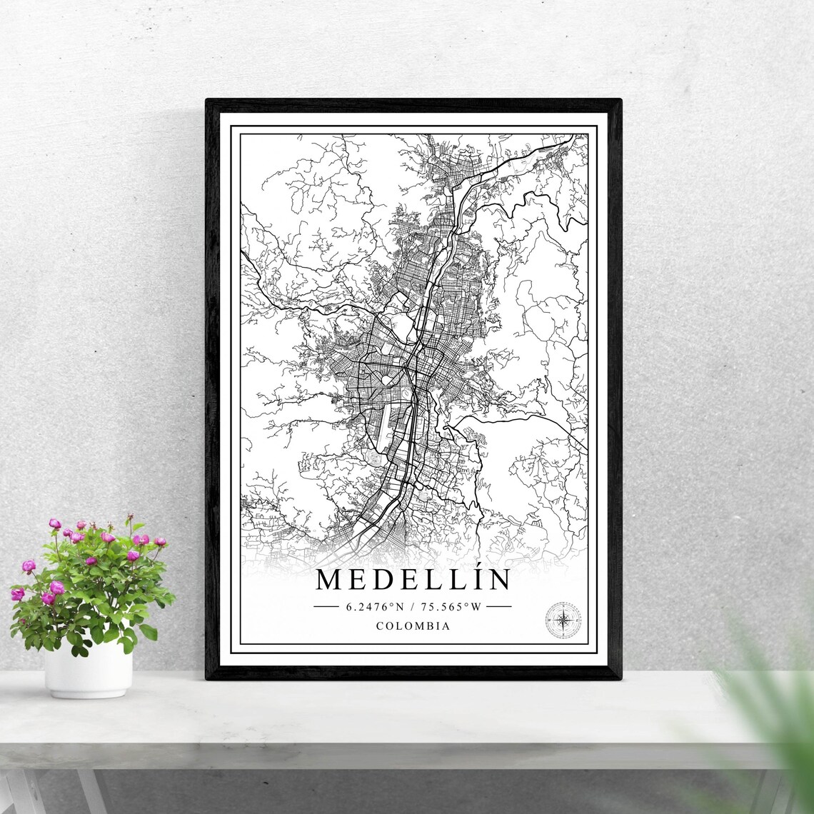 Medellin Colombia Black and White Minimalist City Map Poster