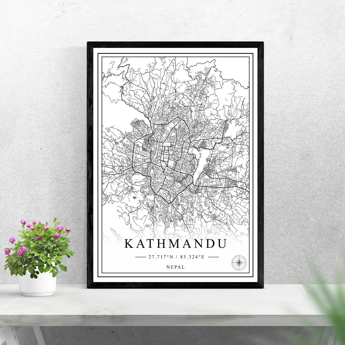 Kathmandu Nepal Minimalist Black And White City Street Map Poster