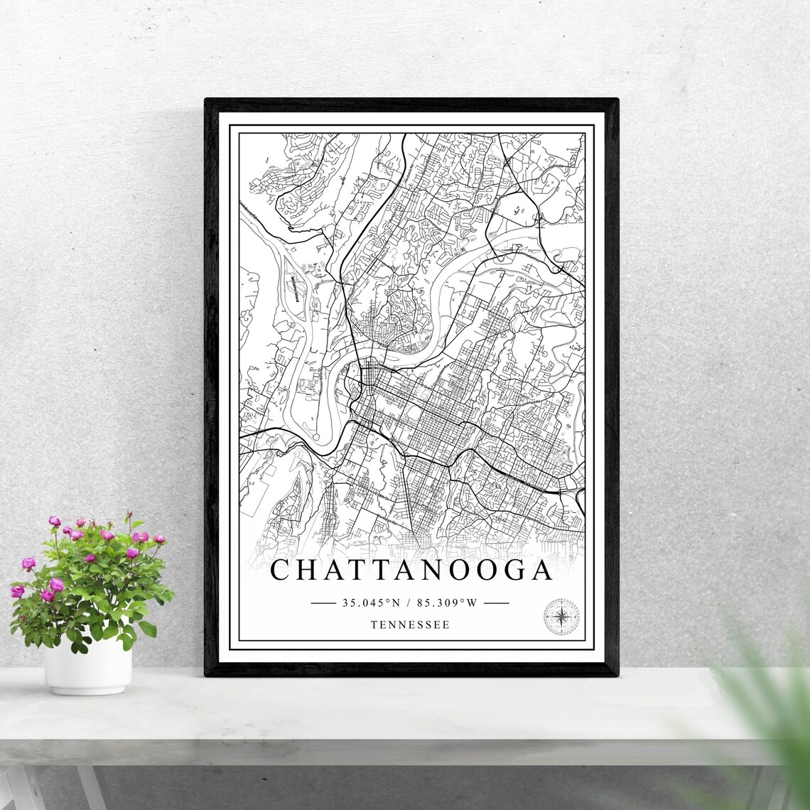 Chattanooga City Map Black And White Art Print