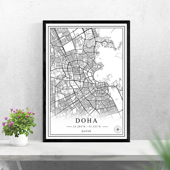 Doha Qatar Black and White City Map Middle East Travel Poster