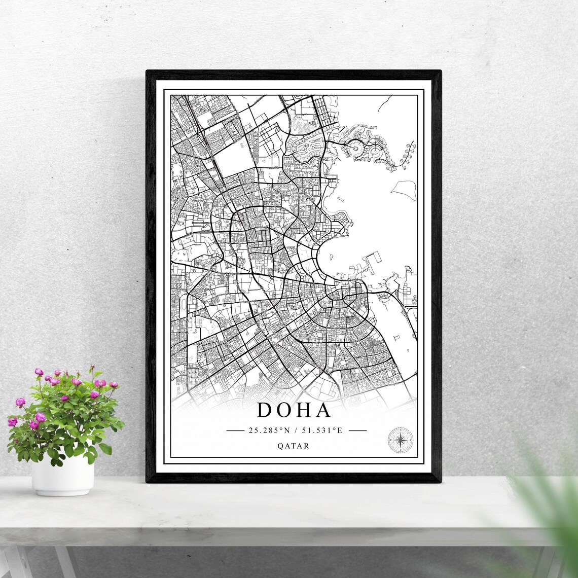 Doha Qatar Black and White City Map Middle East Travel Poster