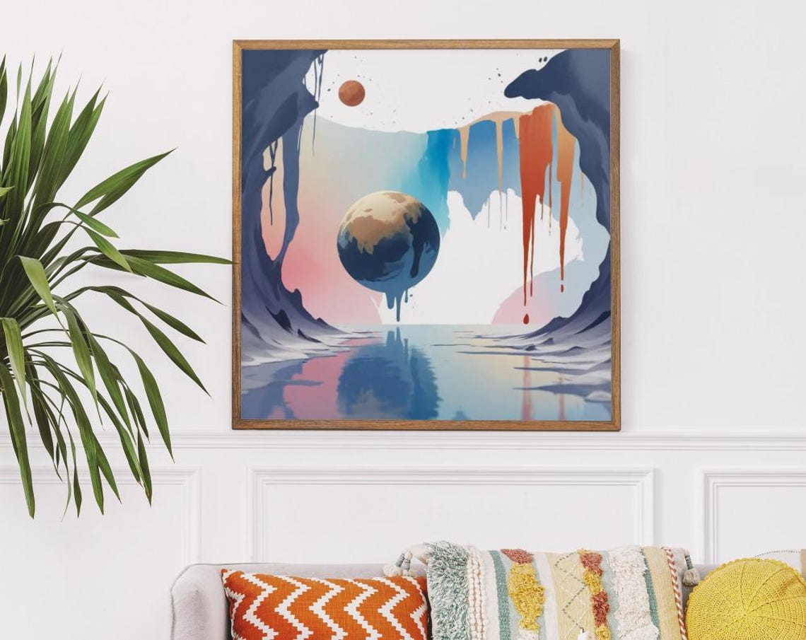 Melting Earth-Planet Over A Mirror Lake With A Red Moon Poster