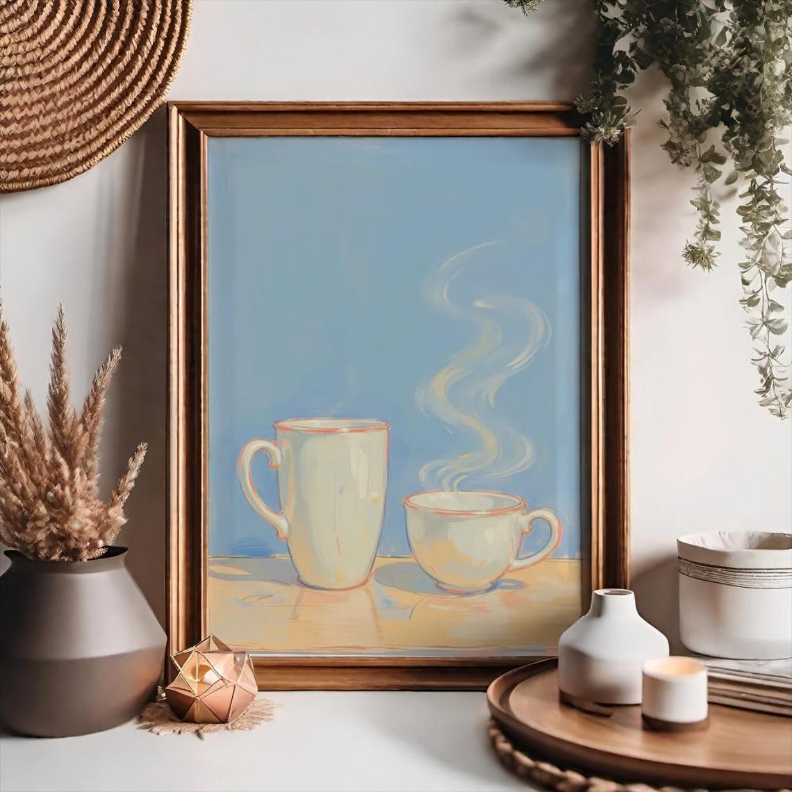 Steaming Morning Mugs Soft Blue Airy Contemporary Kitchen Decor Poster