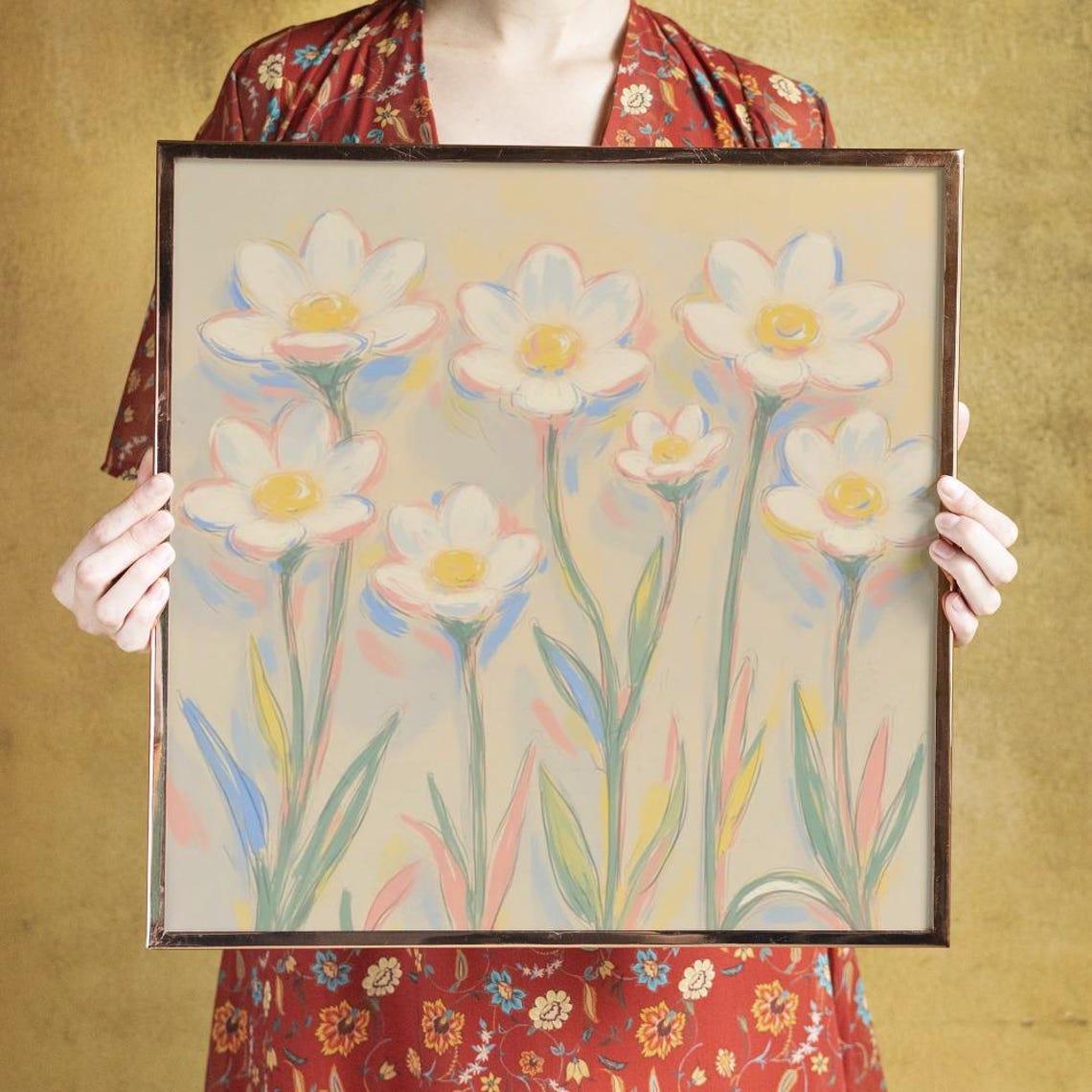 Seven White Daisies on Beige Minimalist Daisy Floral Art Poster