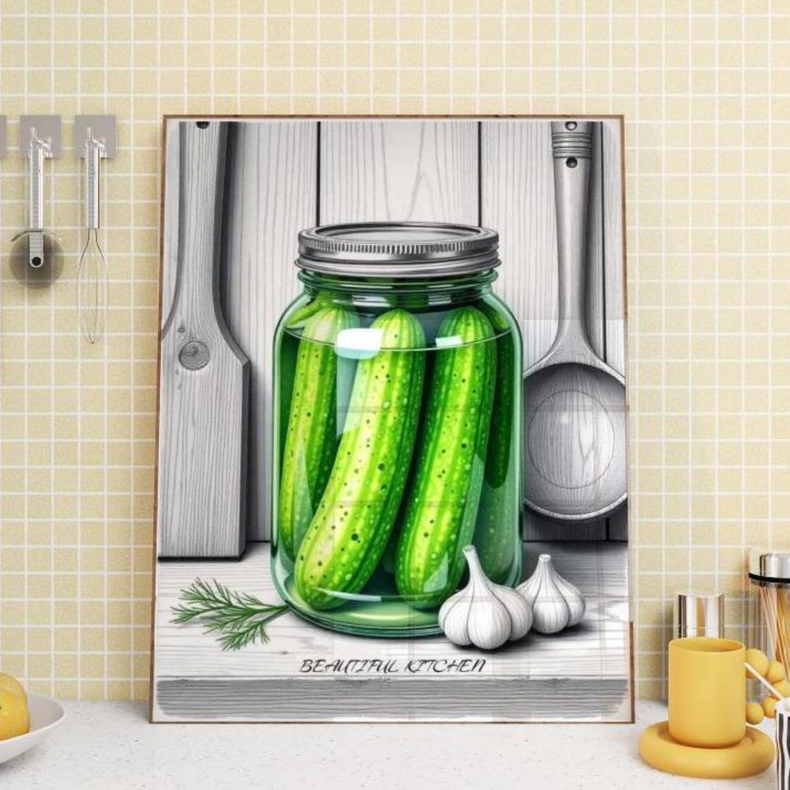 Dill Pickles In Glass Mason Jar Rustic Kitchen Still Life Poster
