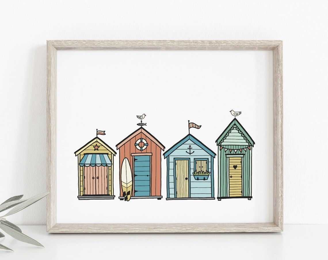 Beach Huts Coastal Nursery Art, Wall Art Print