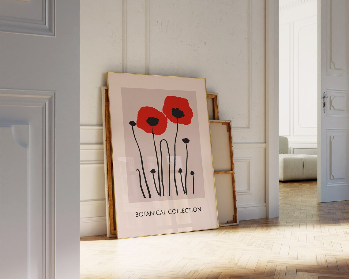 Red Poppy Botanical Collection Minimalist Floral Line Art Poster