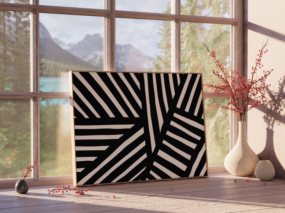 Horizontal Black and White Geometric Palm Leaf Modern Art Poster - Image 2