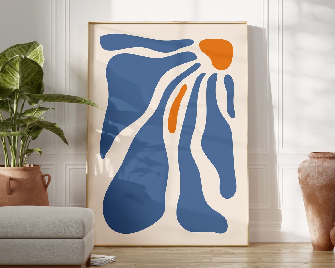 Matisse-Inspired Blue Wavy Leaves Boho Art Print