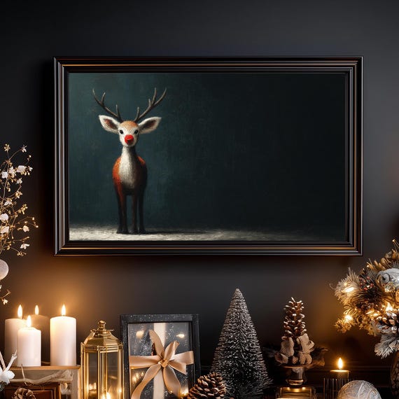 Vintage Reindeer Samsung Frame Tv Art Moody Christmas For Rustic Winter Decor Holiday Wall Santa 48