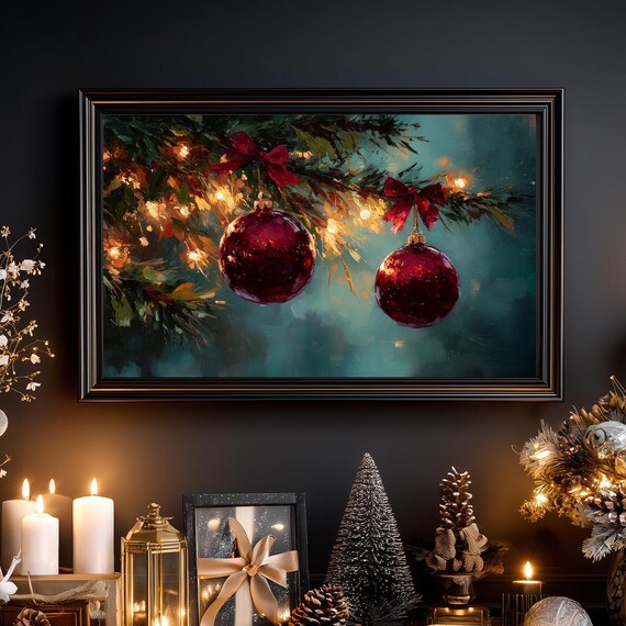 Red Christmas Baubles Hanging Branch Moody Holiday Painting Print