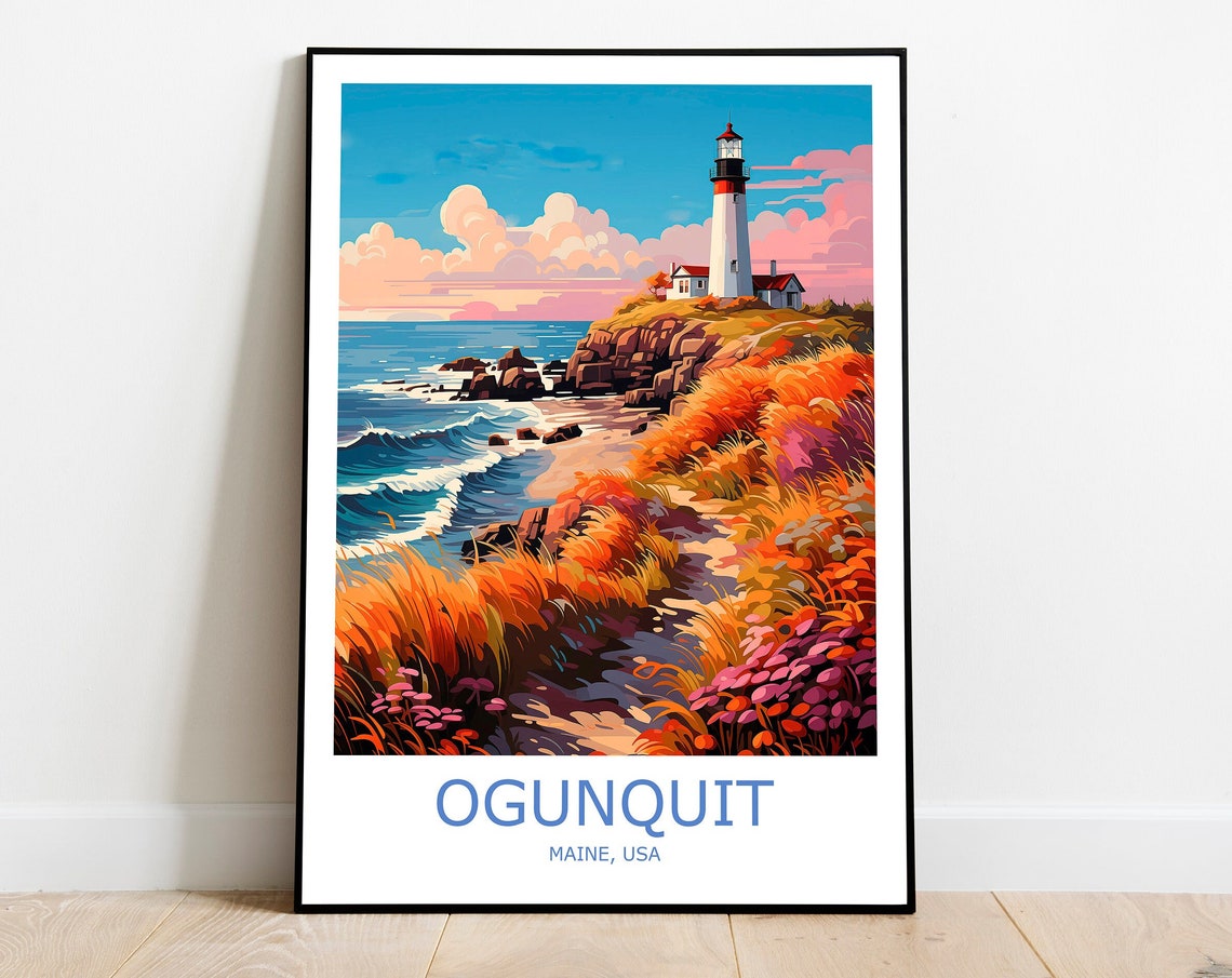 Ogunquit Maine Lighthouse On Rocky Coast At Sunset Travel Poster