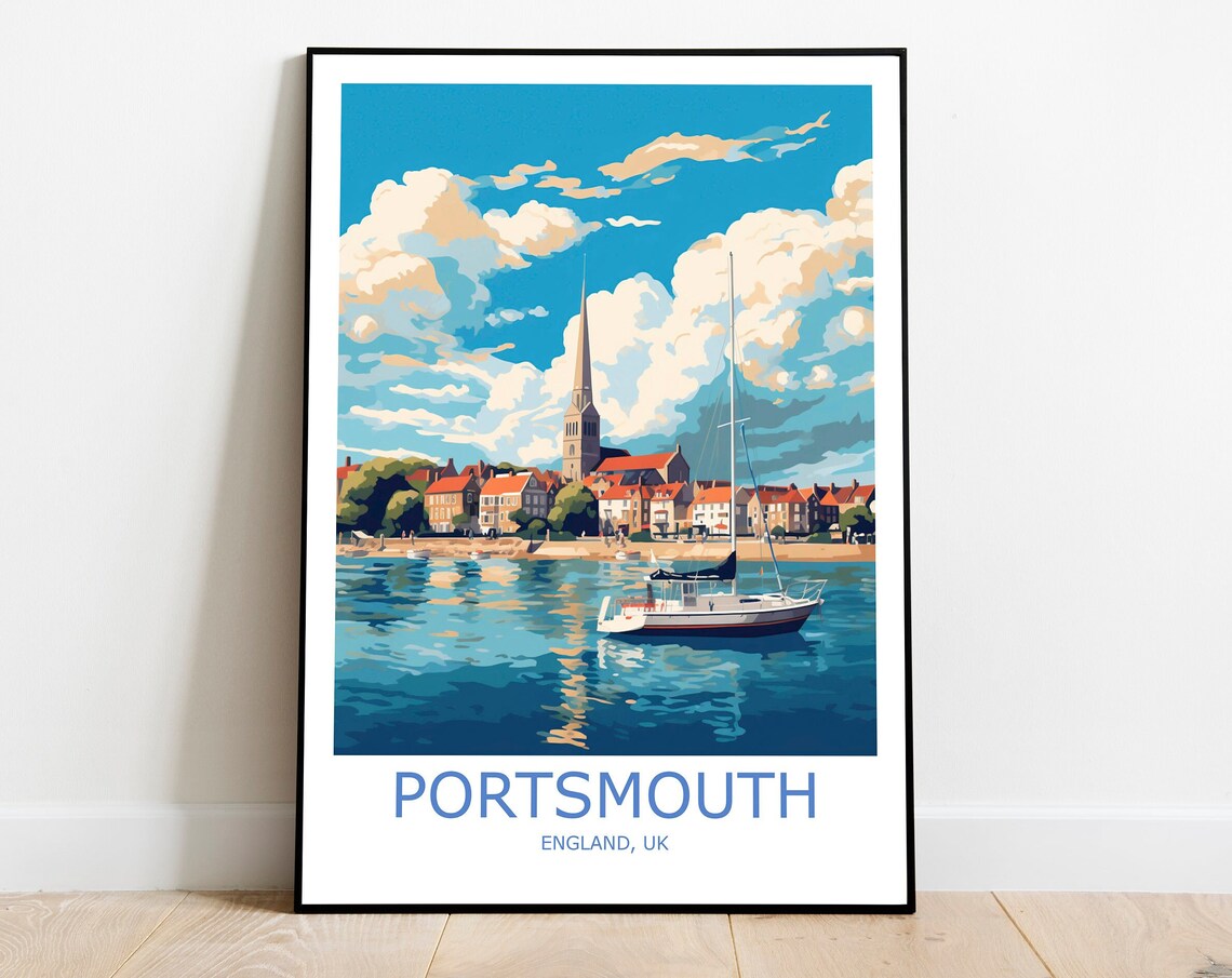Portsmouth Harbour Sailboat Church Spire England Travel Poster