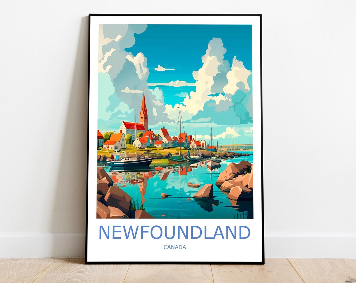 Newfoundland Canada Fishing Village Harbor Colorful Travel Poster