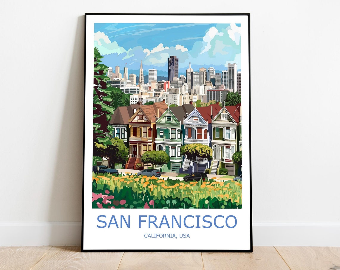 San Francisco California Painted Ladies Row Houses Travel Poster