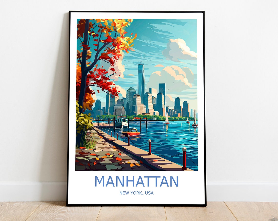 Manhattan Skyline Autumn Waterfront New York City Travel Poster