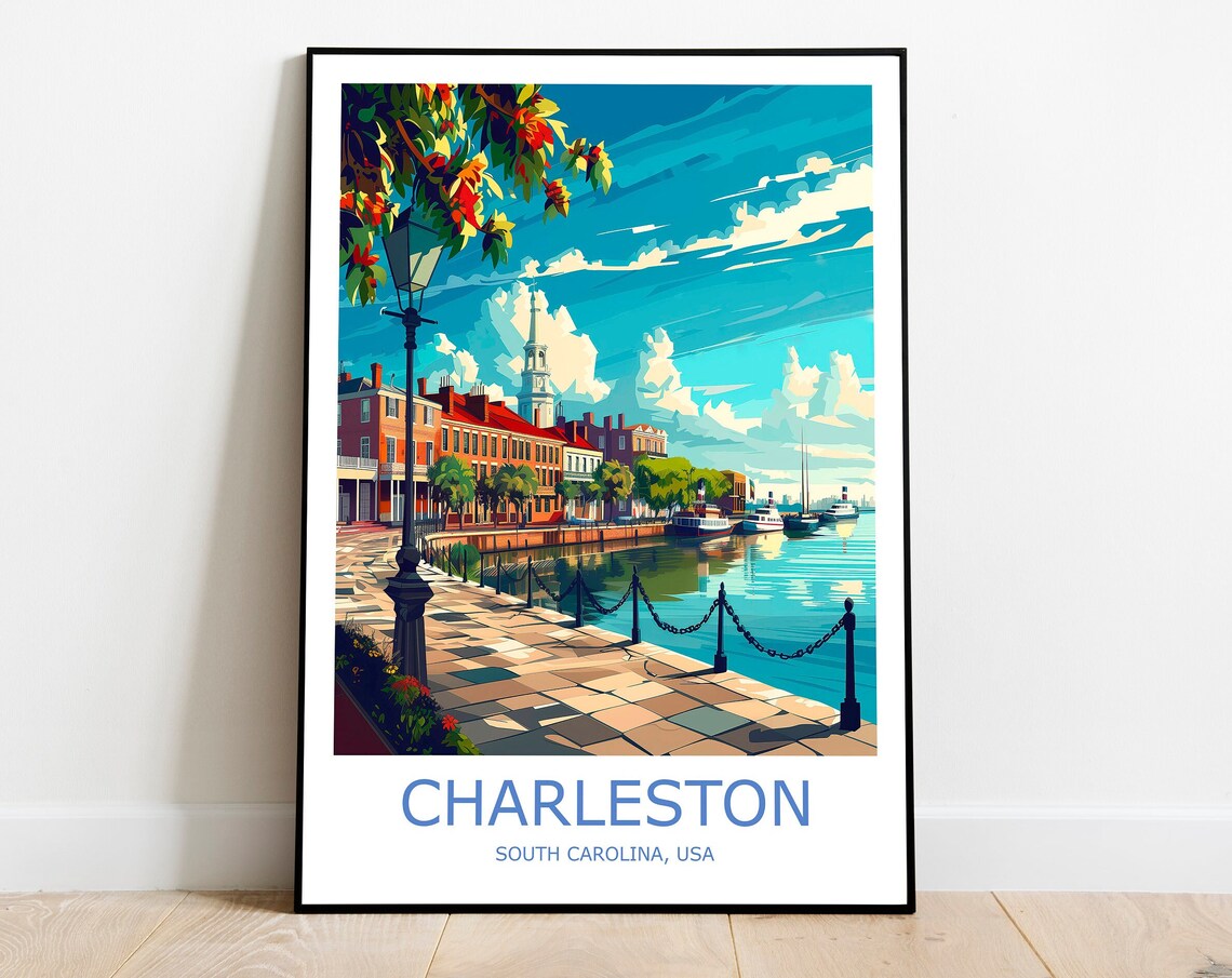Charleston Waterfront Promenade Church Steeple Travel Poster