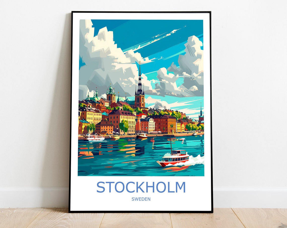Stockholm Old Town Skyline Harbour Boat Sweden Travel Poster