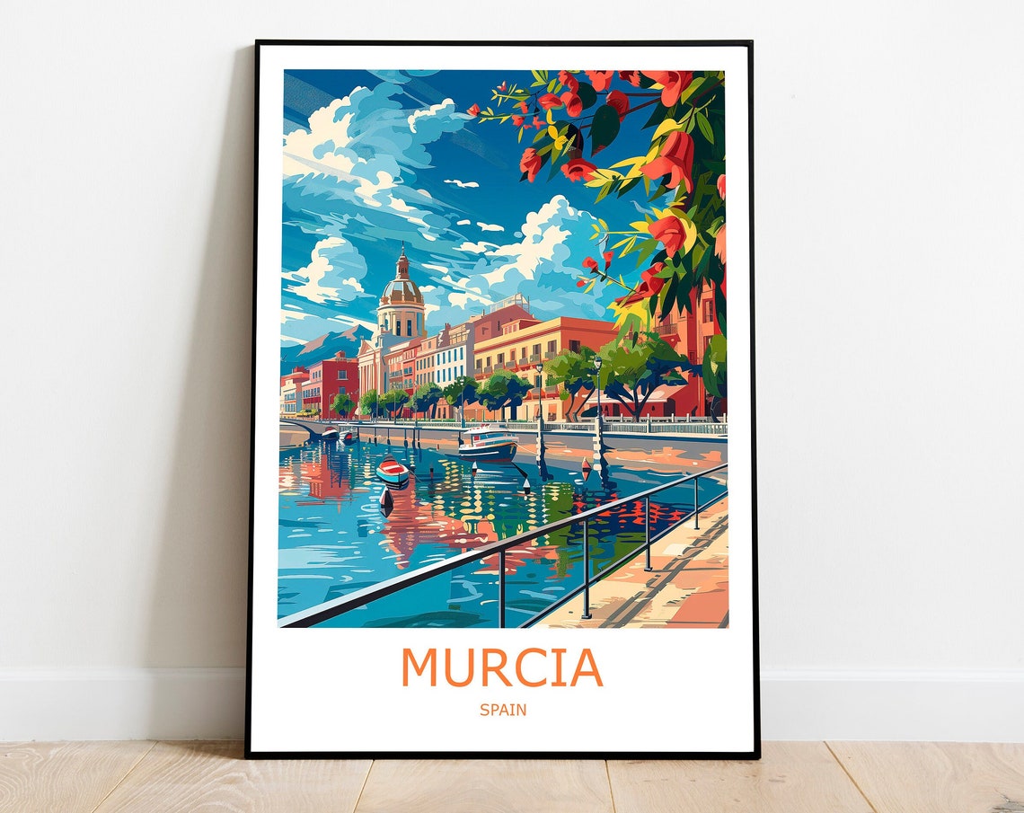 Murcia River Promenade Cathedral Dome Spain City Travel Poster
