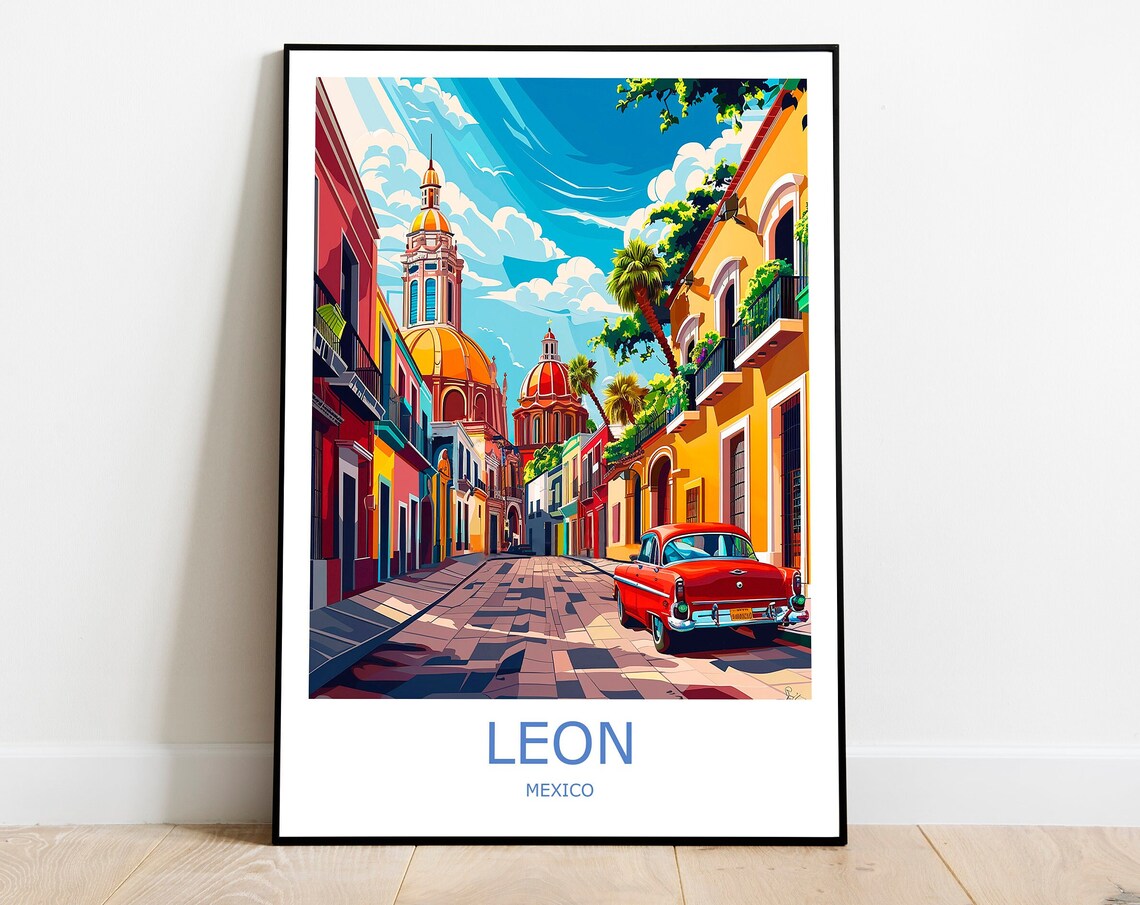 Leon Mexico Colonial Street Cathedral Classic Car Travel Poster