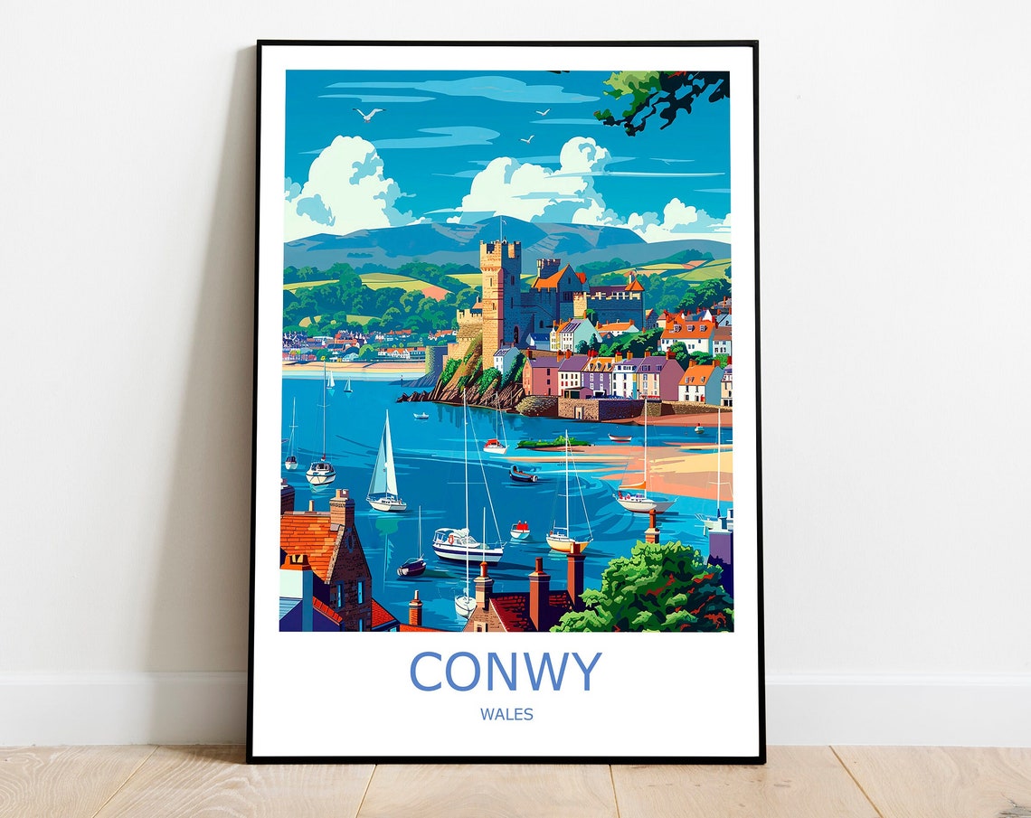 Conwy Castle Harbour Sailboats Welsh Coast Sunset Travel Poster