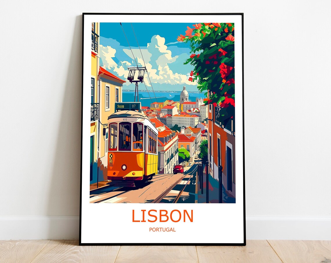 Lisbon Yellow Tram Street River Tagus Portugal Travel Poster