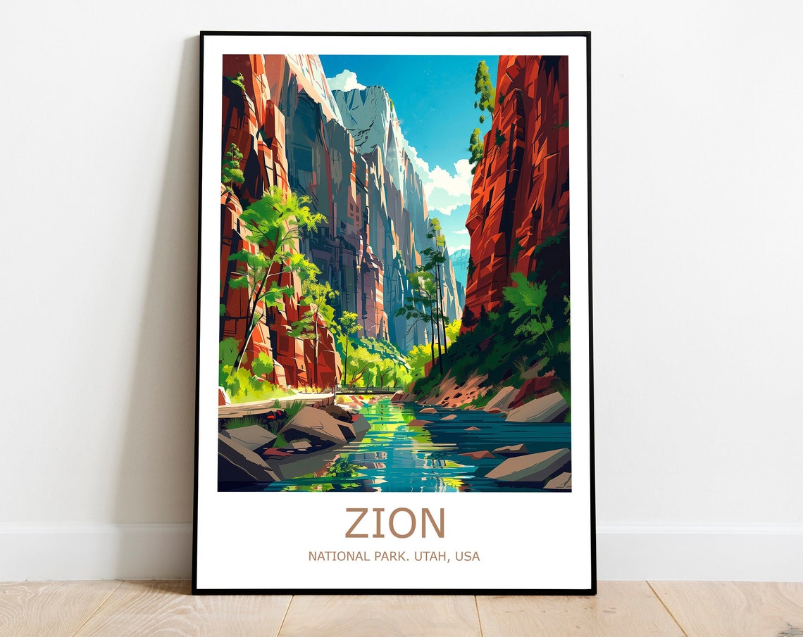 Zion National Park Utah Red Rock Canyon And River Travel Poster