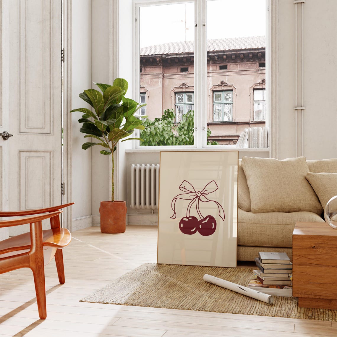 Burgundy Cherry Bow Cream Minimalist Fruit Kitchen Wall Art Print - Image 6