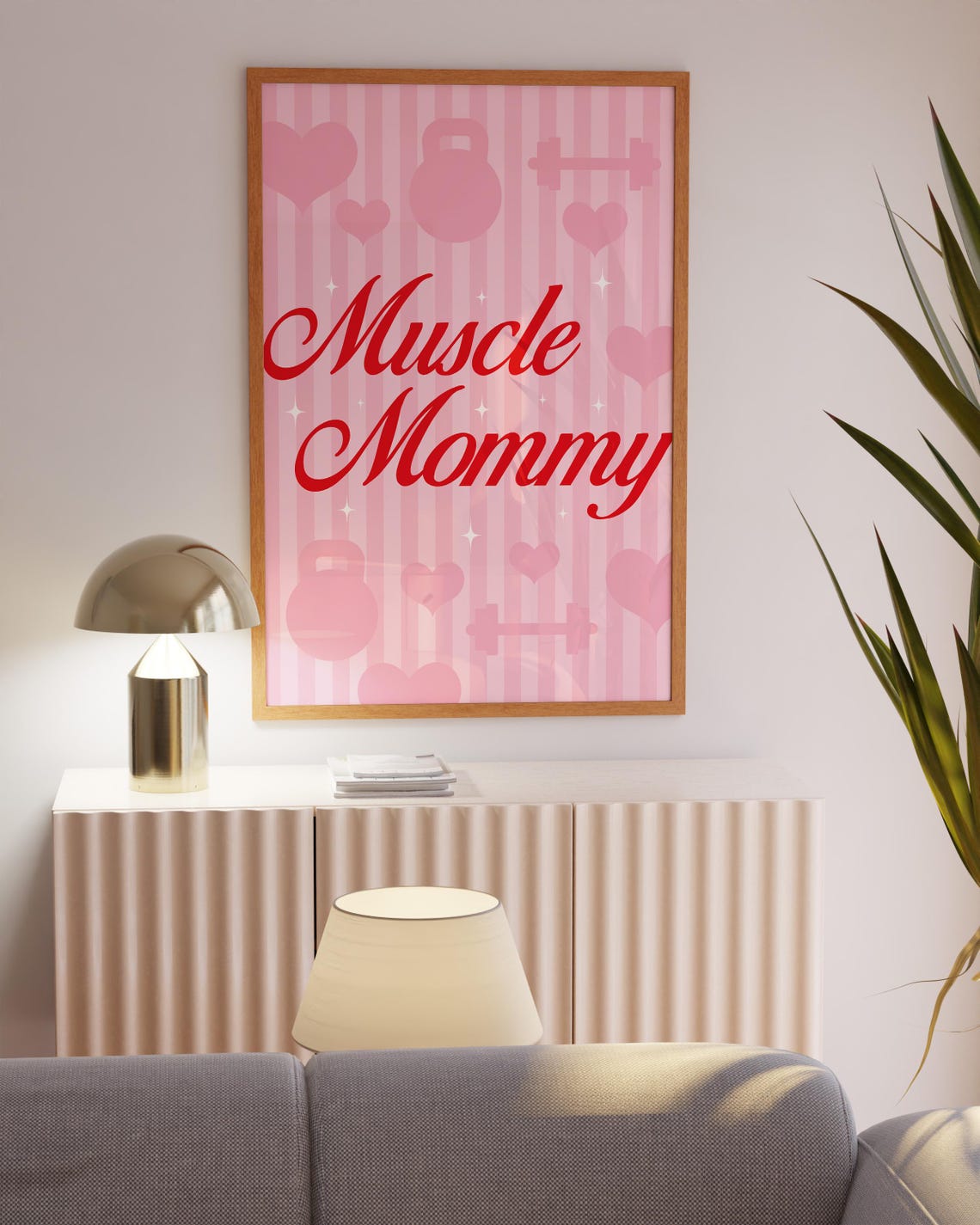 Muscle Mommy Red Script Pink Striped Gym Girl Wall Art Poster - Image 4