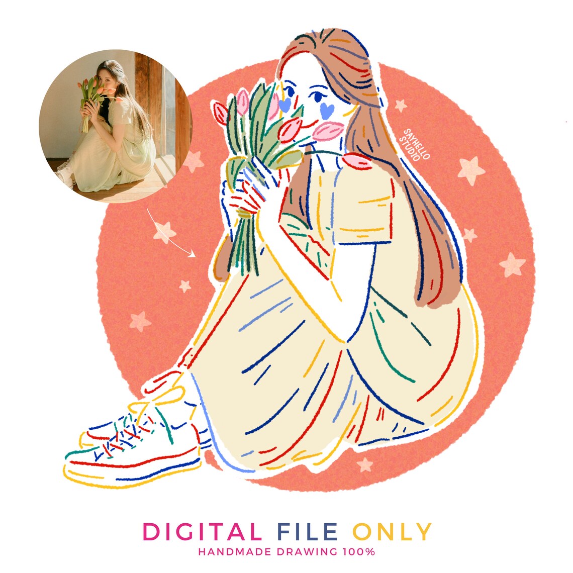 Colorful Line Art Portrait of Woman Holding Tulips Illustration Poster - Image 2