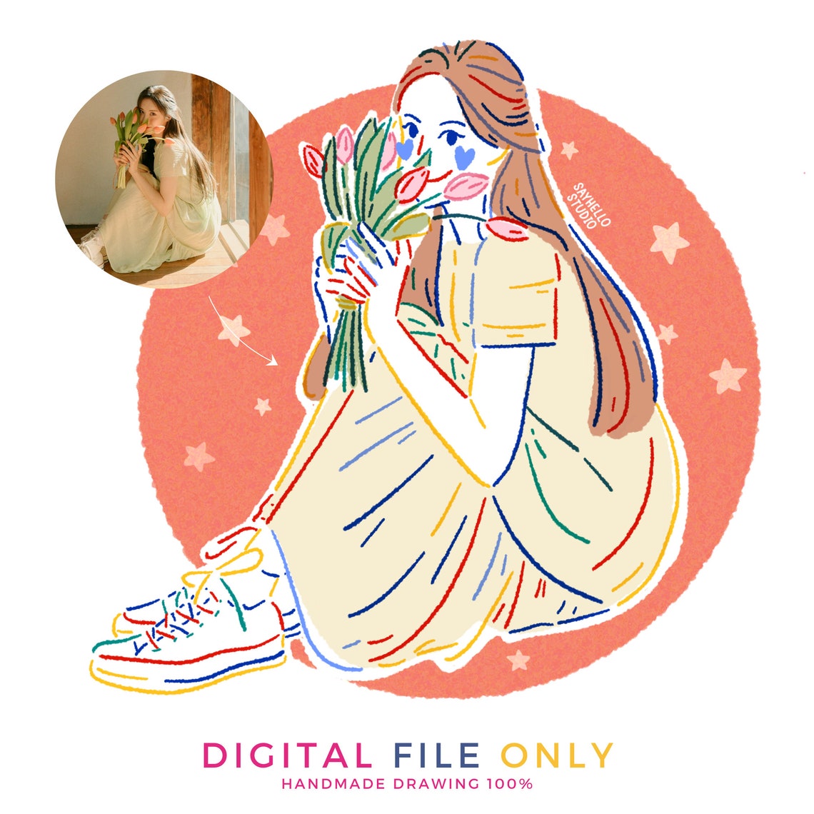 Custom Portrait Cute Couple Gift Wedding Portrait Personalized Handdrawn Art Colorful Line Draw From Photo - Image 2