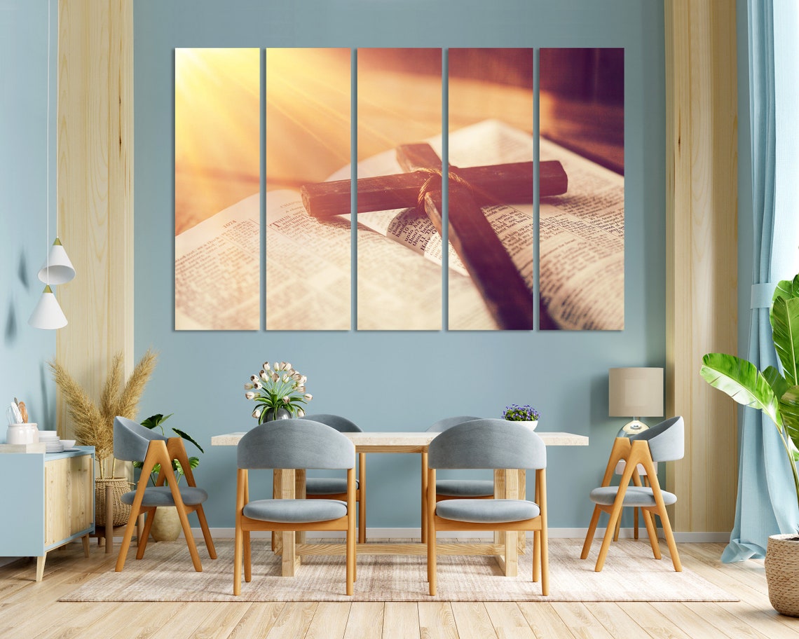 Wooden Cross On Open Bible Warm Light Faith Triptych Wall Art - Image 3