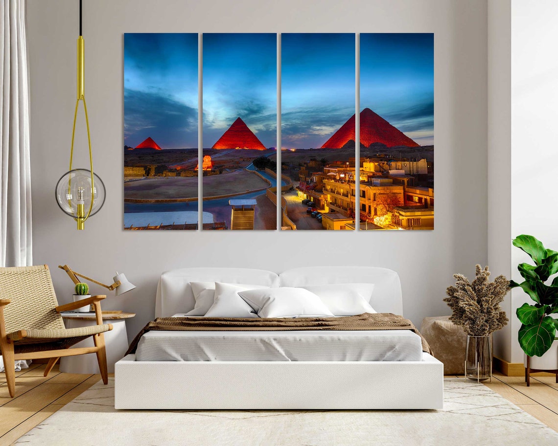 Egypt Pyramids Night Illuminated Giza Four Panel Ancient Poster