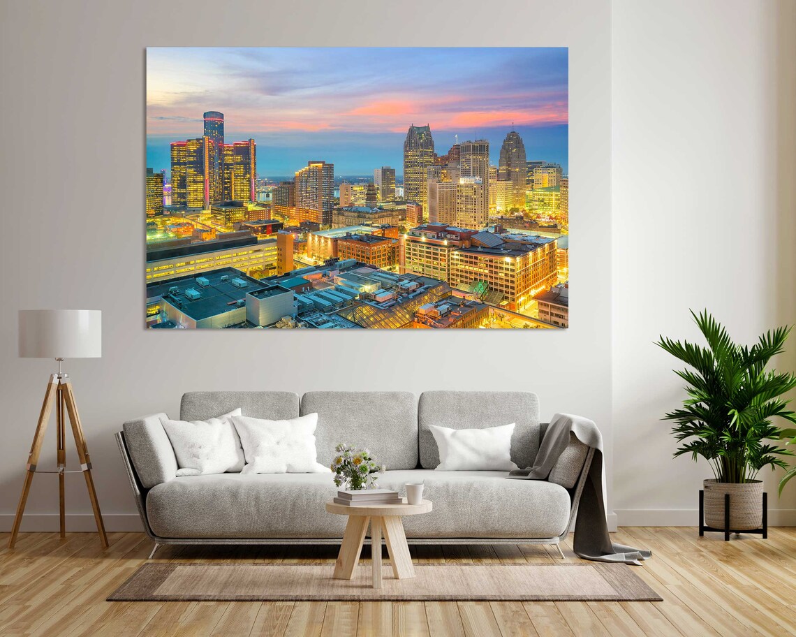Downtown Detroit Skyline Dusk Riverfront City Lights Travel Poster