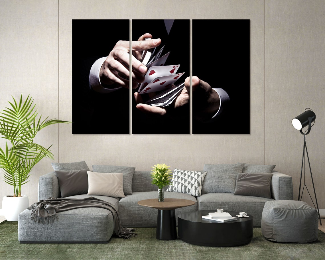 Magician Hands Shuffling Playing Cards Black Three Panel Poster