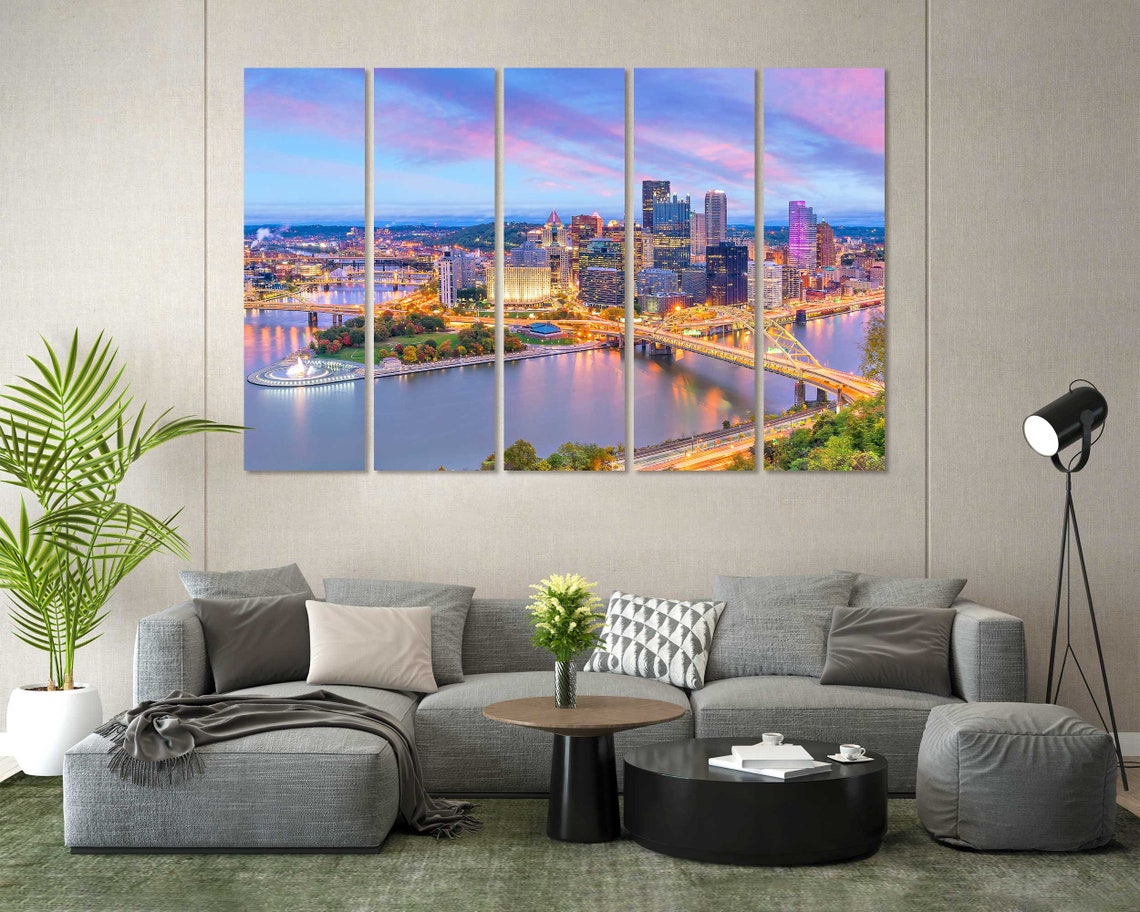 Pittsburgh Skyline Evening Fountain Bridges Golden Dusk City Poster - Image 5