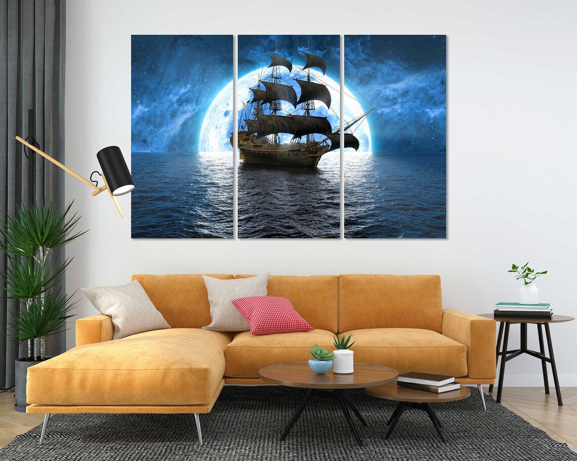 Tall Ship Sailing Under Giant Full Moon Night Seascape Fantasy Poster - Image 5