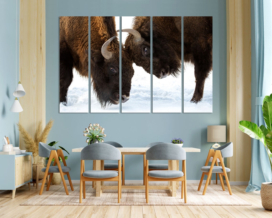Two Bison Facing Off In The Snow Wildlife Winter Portrait Wall Art - Image 3