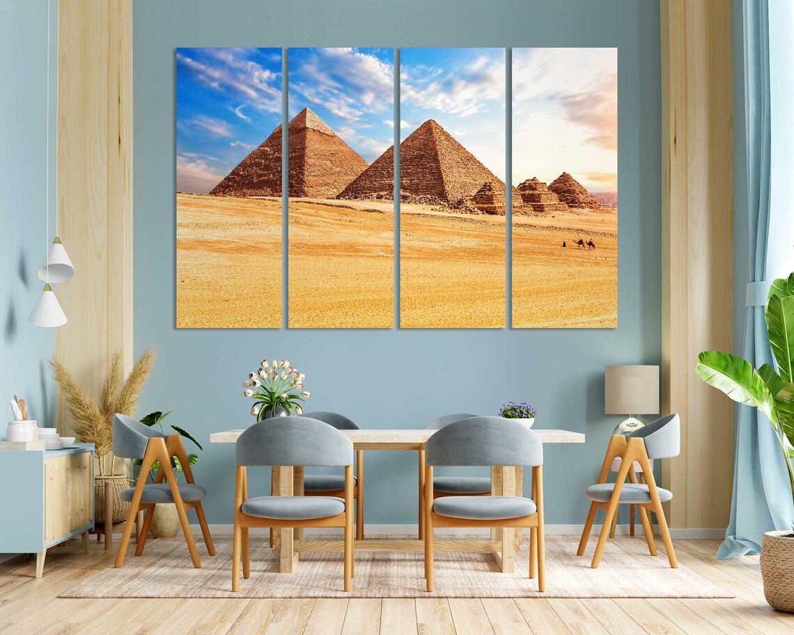 Giza Pyramids Egypt Desert Camels Blue Sky Golden Travel Poster - Image 3