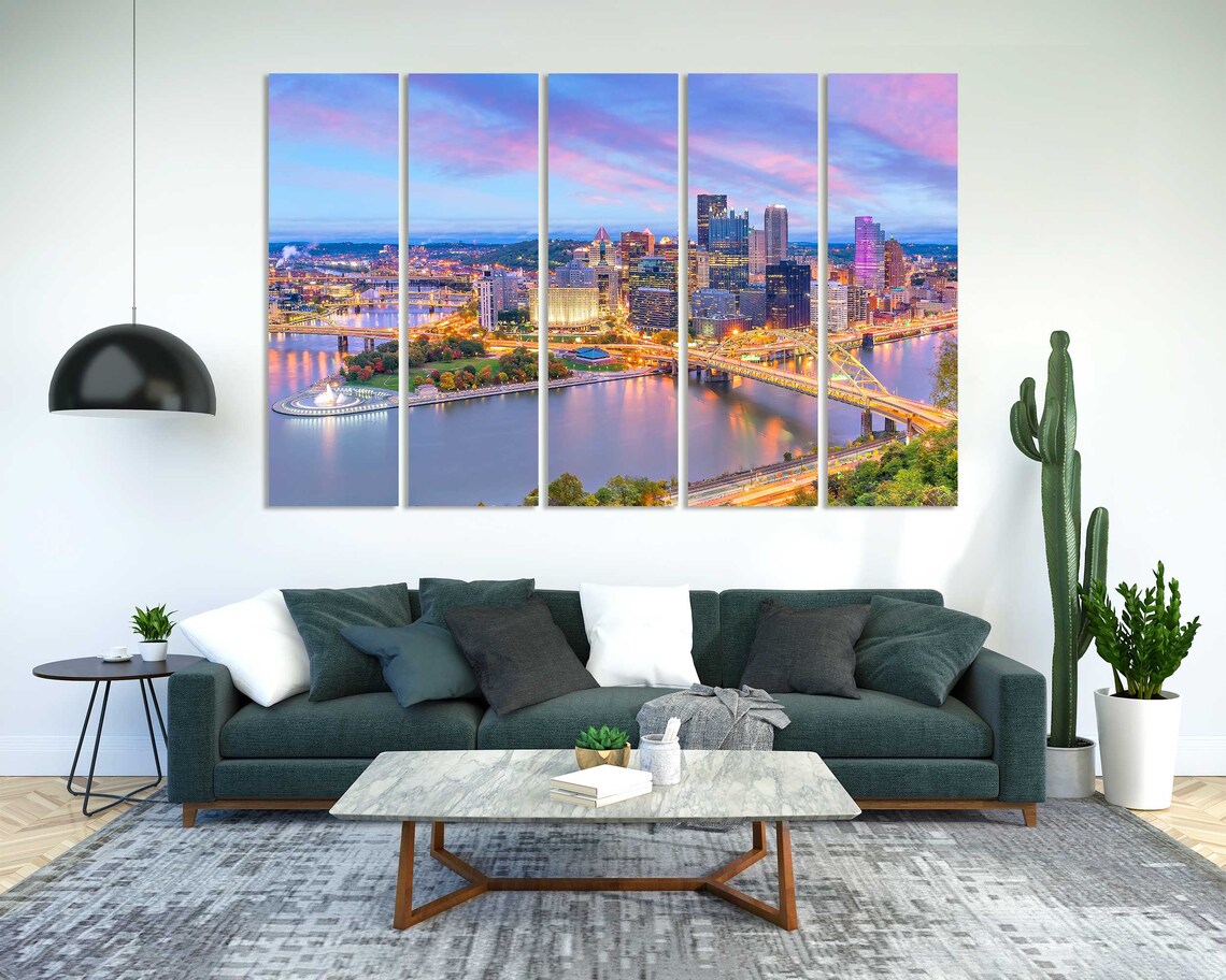Pittsburgh Skyline Evening Fountain Bridges Golden Dusk City Poster - Image 2
