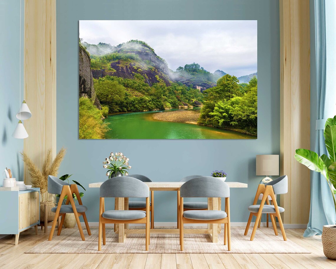 Misty Green Mountain River Valley Foggy Forest Landscape Photo Poster - Image 3
