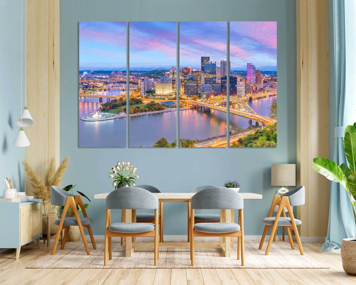 Pittsburgh Skyline Evening Fountain Bridges Golden Dusk City Poster - Image 3