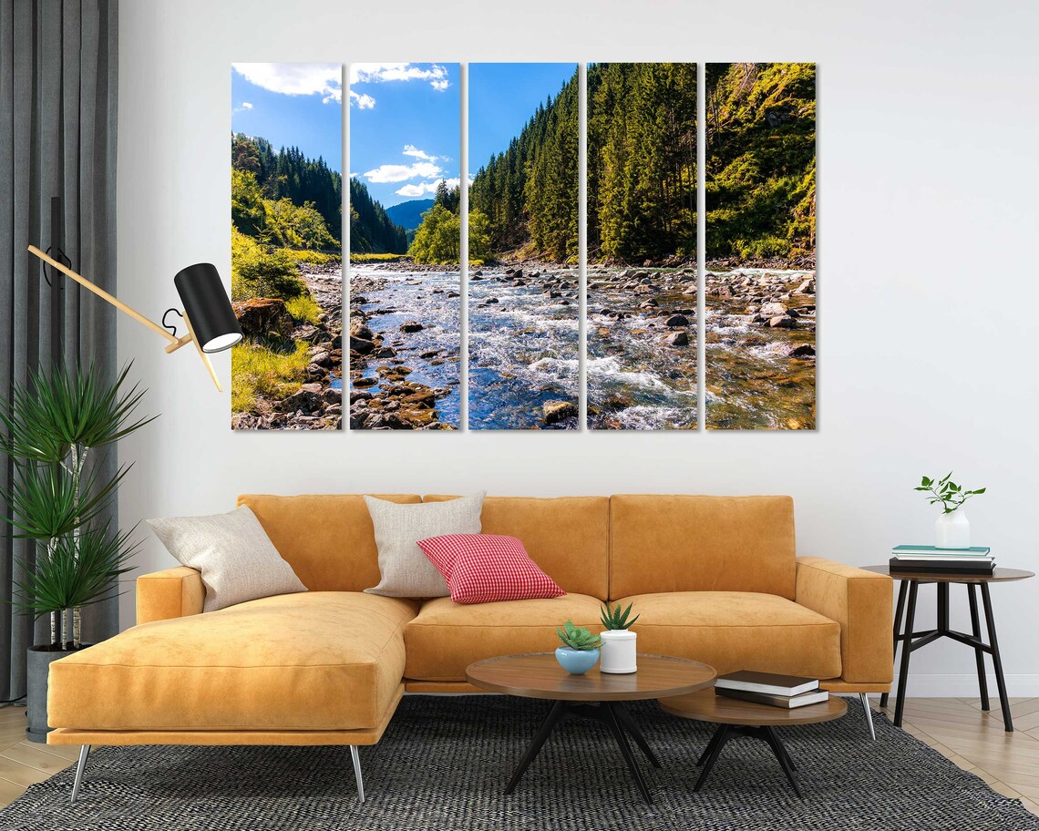 Sunny Landscape For Wall Mountains River Painting On Green Forest Picture Art For Wall Mountain Landscape Printing - Image 5