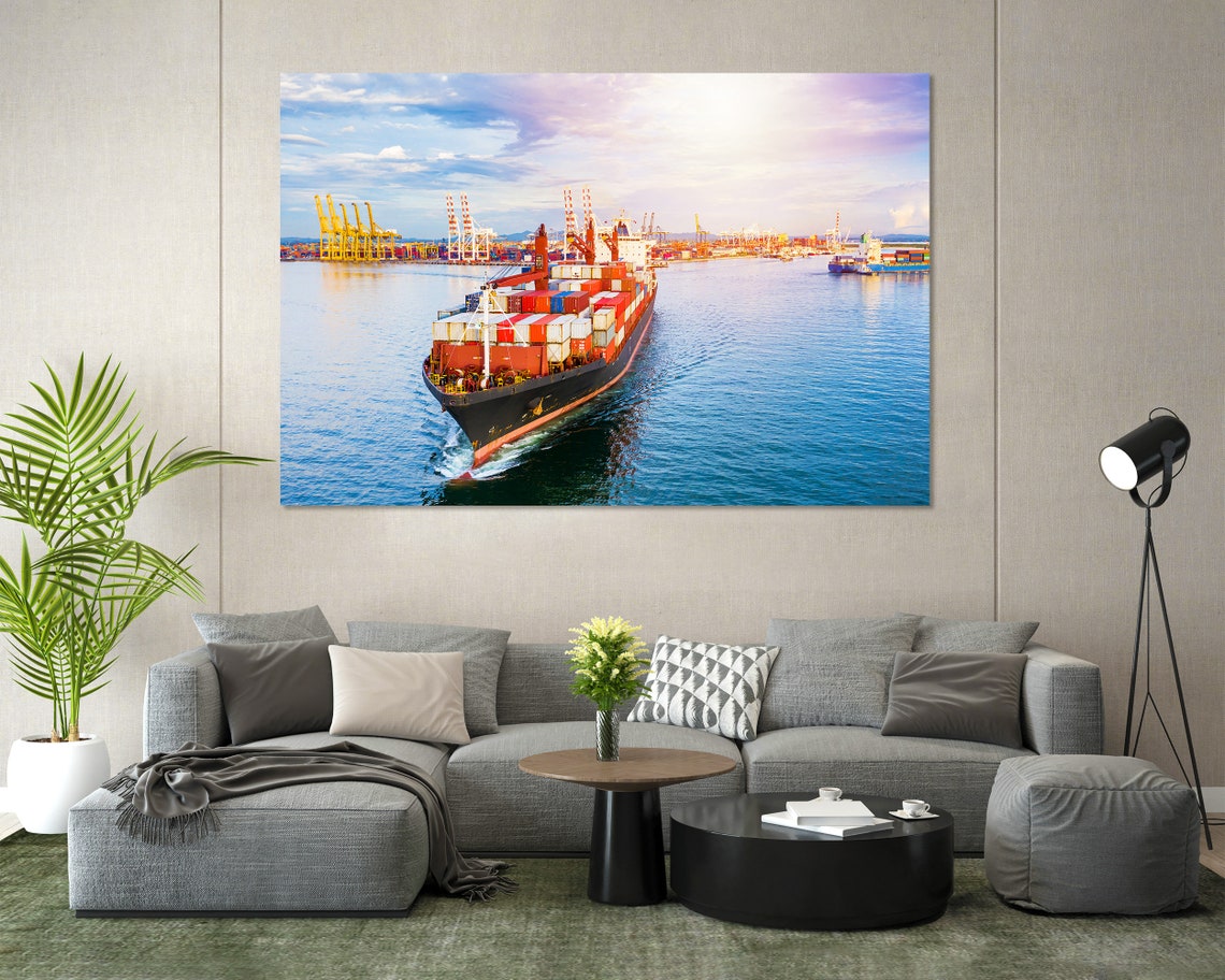 Container Cargo Ship Leaving Port Sunset Harbor Three Panel Poster - Image 7