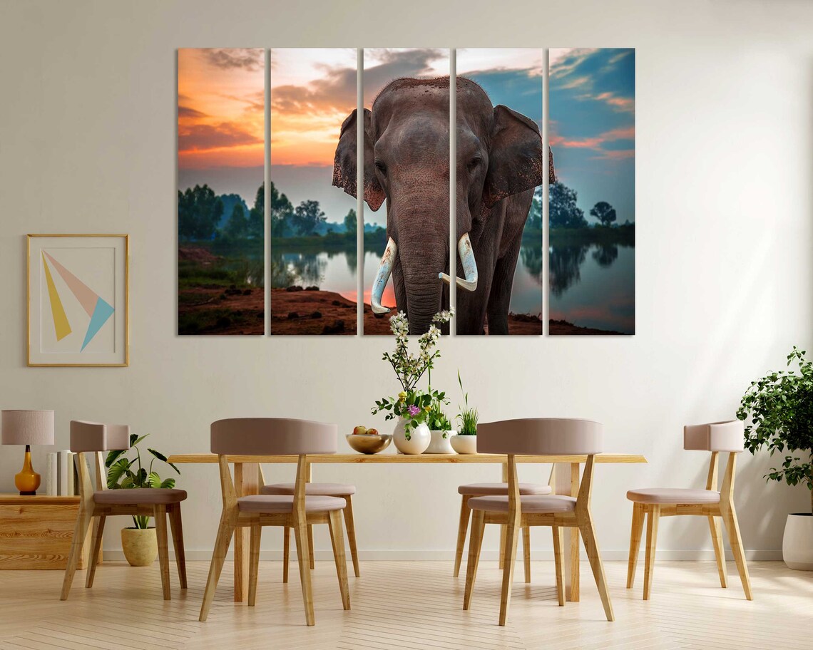 Elephant With Tusks At Sunset By The Lake Wildlife Photo Poster - Image 6