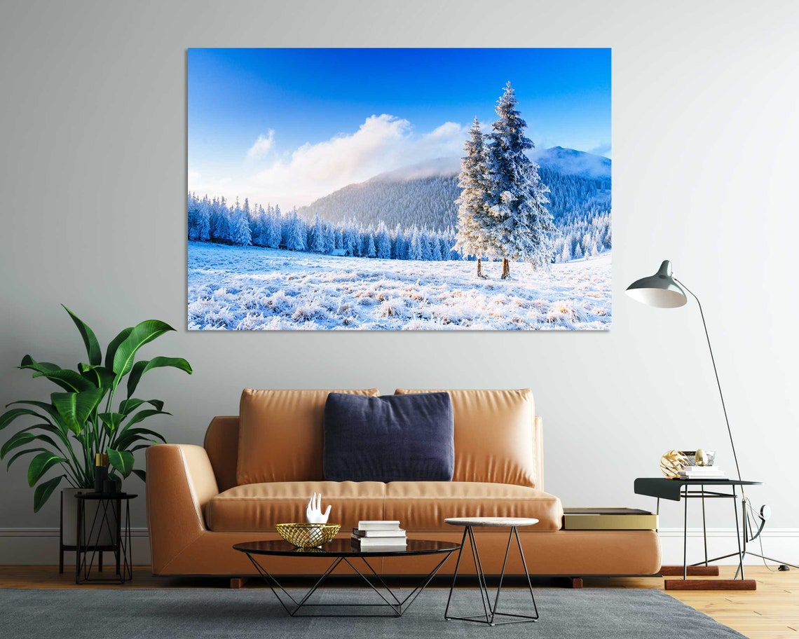 Snowy Winter Mountain Valley with Frosted Pines Blue Sky View Poster - Image 7