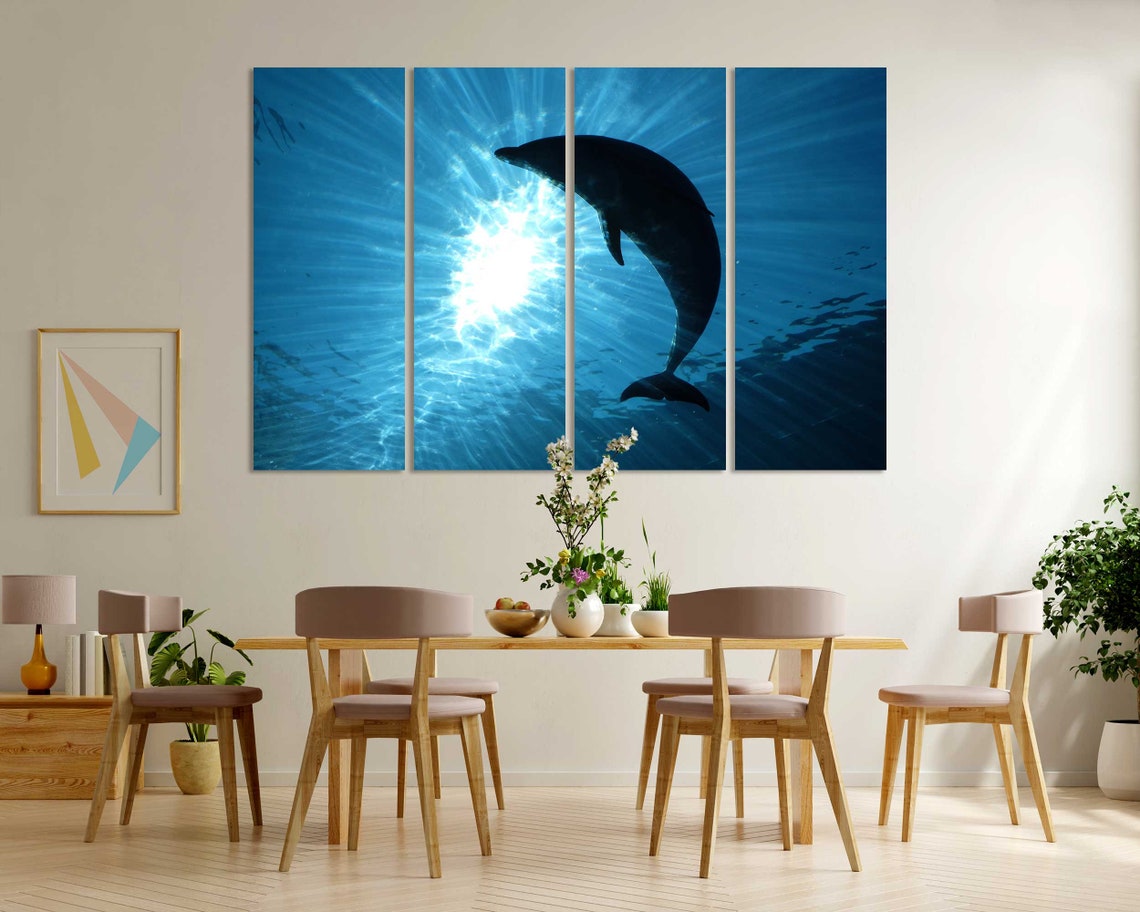 Dolphin Silhouette Leaping Under Sunbeams Ocean Blue Wall Poster - Image 6