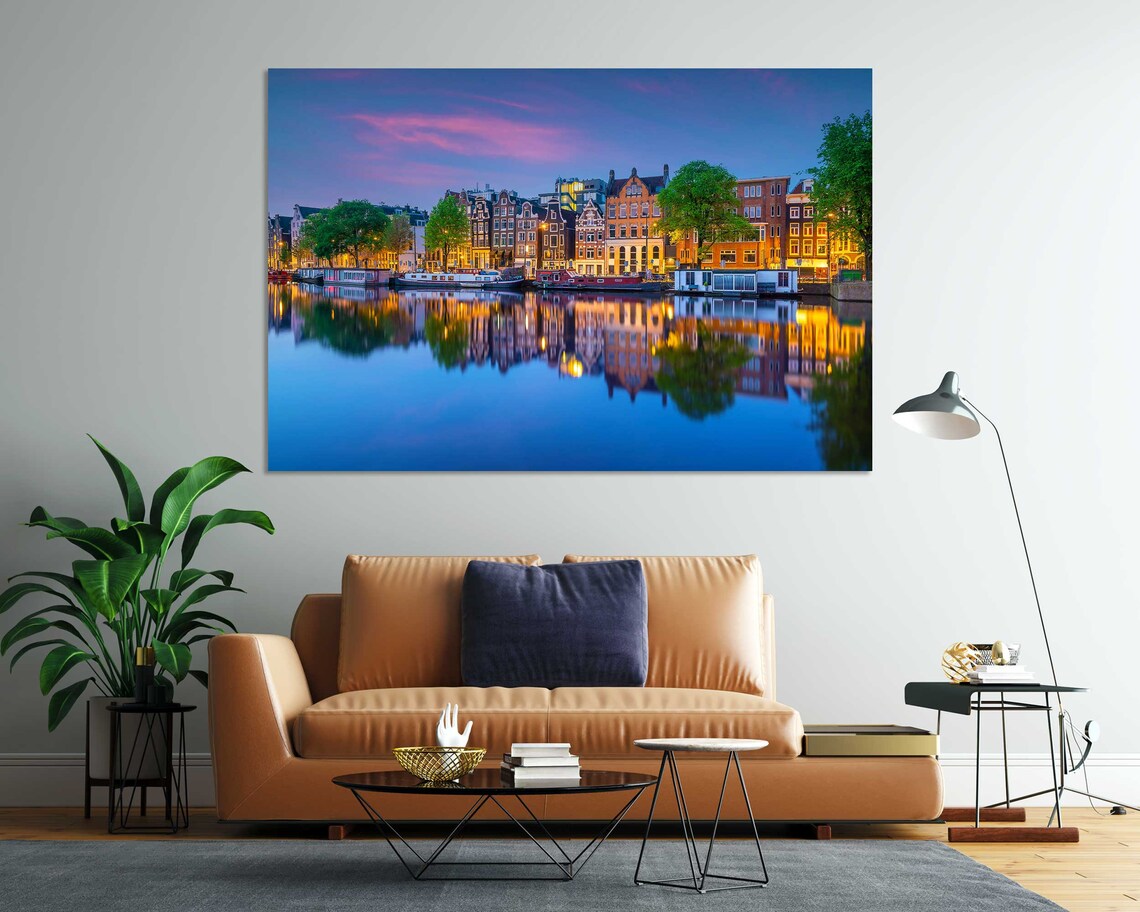 Amsterdam Canal Houses At Twilight Blue Hour Water Reflection Poster